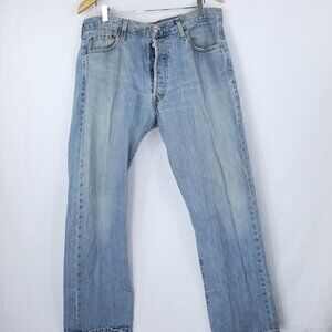 LEVI'S 501 LIGHT BLUE WASH DISTRESSED MEN'S BUTTON DOWN FLY JEAN SZ 36X30 MEXICO